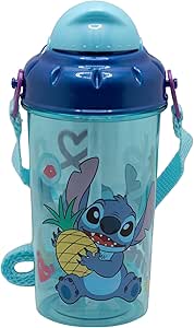 Botella infantil de plástico con pajita, tapa correa de 465 ml de Stitch.