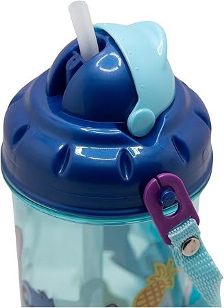 Botella infantil de plástico con pajita, tapa correa de 465 ml de Stitch.