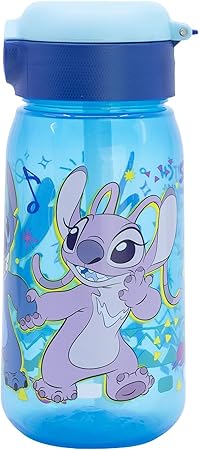 Botella de agua infantil de plástico de 510 ml con tapón y pajita de Stitch
