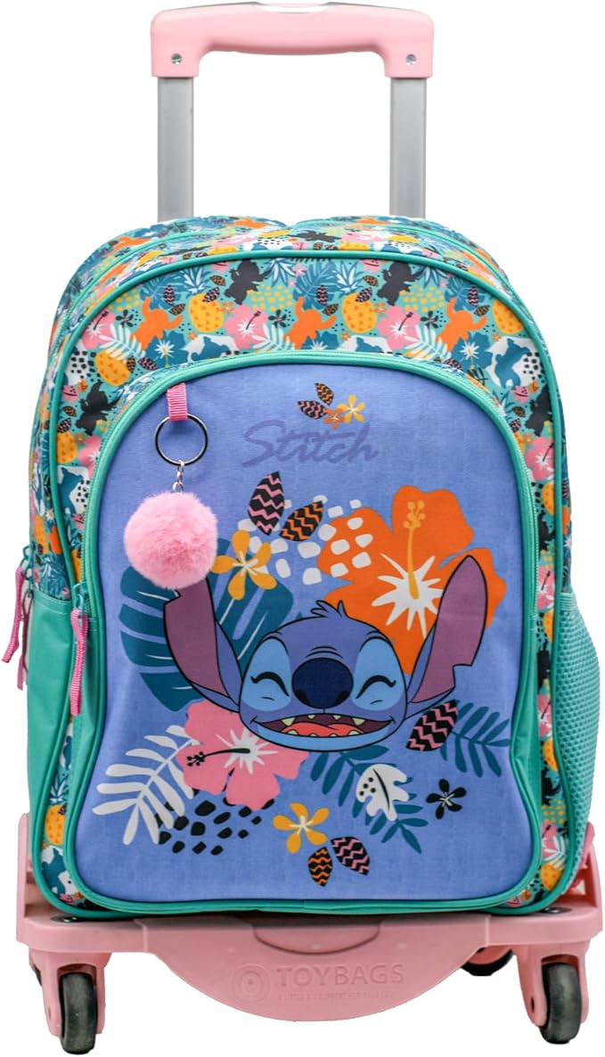 Mochila Stitch Tropical Doble Compartimento + Carro Negro Toybags 360º